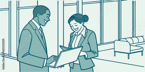 Two smiling business professionals shake hands in a corporate office meeting, signifying teamwork and success