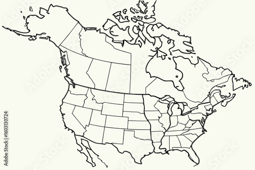 Thin black outline political map of North America with labeled countries and states, ideal for learning or visual storytelling, modern flat illustration style