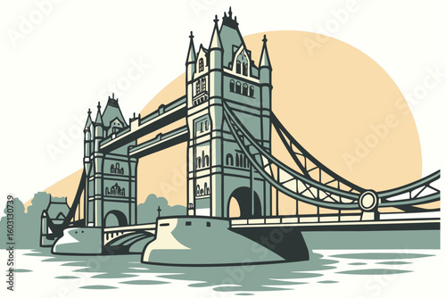 Tower Bridge at dawn reflects sunlight over the Thames River, highlighting its iconic design and London skyline, modern flat illustration style