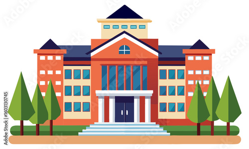 Flat design illustration of a grand university building entrance