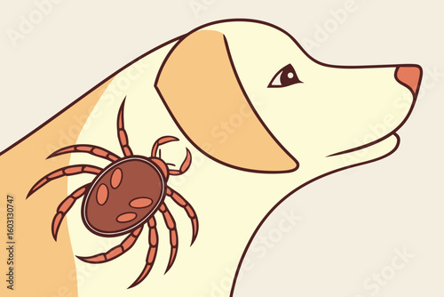 Tick parasite embedded in dog fur, shown in close-up for health and veterinary themes, modern flat illustration style