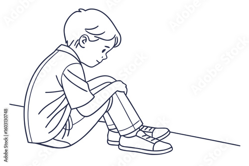 Toddler boy sitting cross-legged, captured in a single-line drawing, evoking innocence and childhood, modern flat illustration style