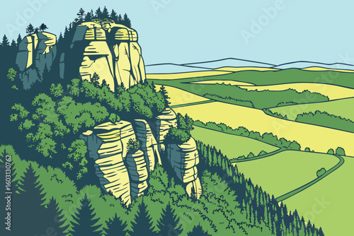 Unique sandstone formations of Suche skaly in Bohemian Paradise rise from lush green landscapes under a bright blue sky, modern flat illustration style