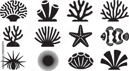 Underwater Marine Life Silhouette Set Coral Reef Seaweed Starfish Fish Ocean Aquatic Flora