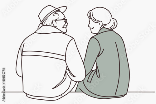 Two elderly people from the back, seated and conversing, drawn in single-line art to represent wisdom and connection, modern flat illustration style