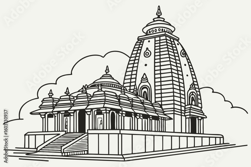 Jagannath Temple of Puri, India, illustrated in detailed sketch, emphasizing architectural and religious significance, modern flat illustration style.