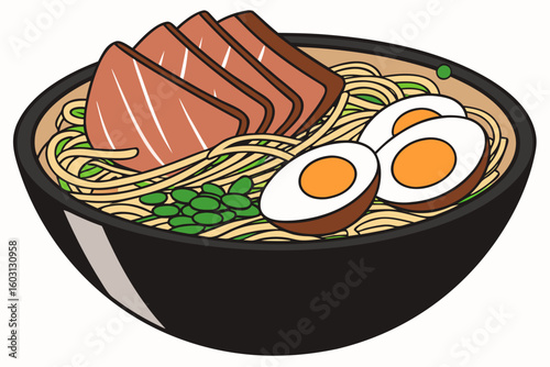 Korean ramen in black bowl with grilled pork, soft-boiled eggs, green onions, and seaweed, rich in savory layers, modern flat illustration style