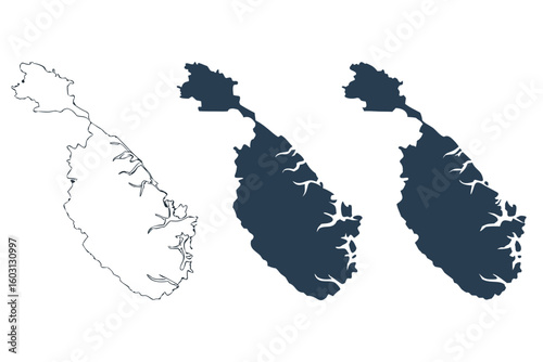 Malta’s simplified country outline shown in three smooth variations, vector icon format for geography and education, modern flat illustration style