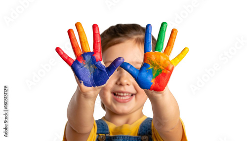 Child’s painting activity with smudged hands and bright paints isolated on transparent background. Png