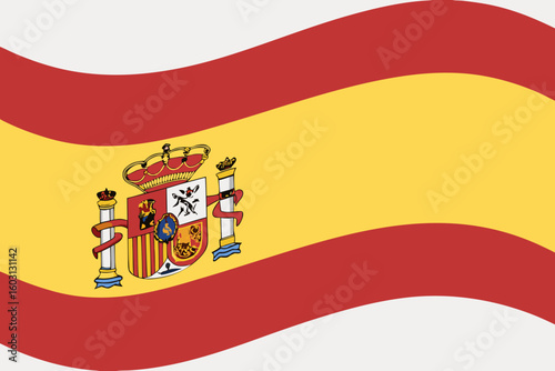 Official Spain flag vector in 3:2 ratio with vivid red and yellow colors, emblem symbolizing national identity and heritage, modern flat illustration style