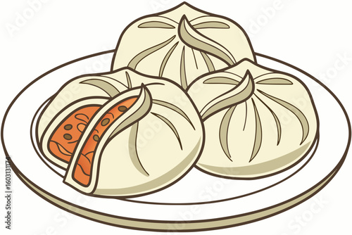 Pan-fried Korean dumplings with pleated wrappers and savory kimchi filling, showcasing traditional Asian cuisine, modern flat illustration style