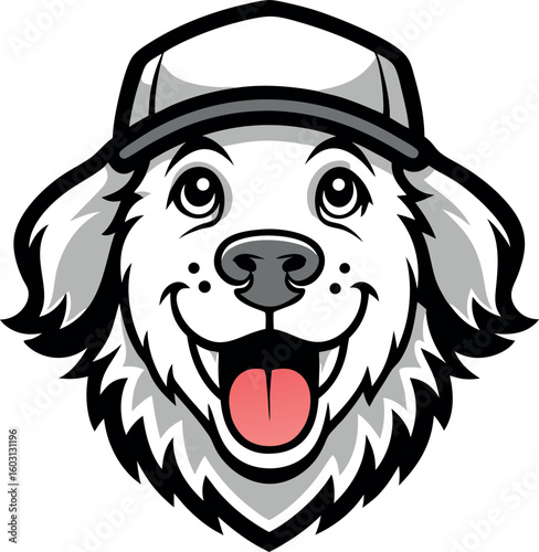 Friendly white golden retriever dog wearing a baseball cap with a big happy smile