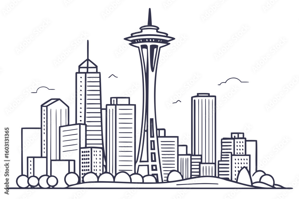 Obraz premium Seattle skyline in linear sketch style, capturing key city landmarks with clean cityscape detail, modern flat illustration style.