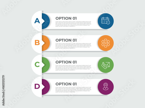 Vector infographic template with 3D paper label, integrated circles. Business concept with 4 options. For content, diagram, flowchart, steps, parts, timeline infographics, workflow, chart.