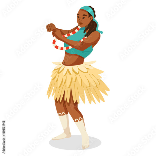 A woman in a hula skirt and tribal accessories performing a traditional dance, flat cartoon style, on a white background. Vector illustration