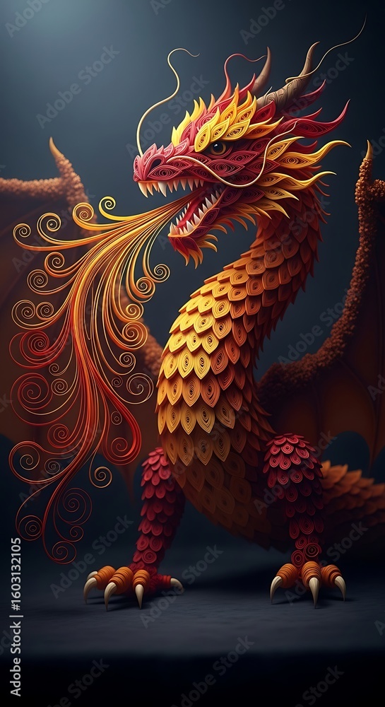 Fototapeta premium Vibrant Red and Gold Dragon with Curly Flames and Horns in Dark Fantasy Style