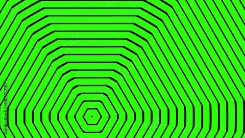 A bold green abstract background featuring concentric hexagonal line patterns creating a geometric optical illusion.