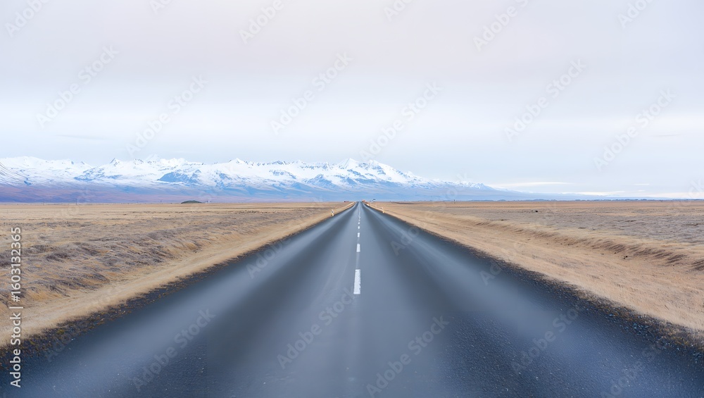 Serene Icelandic Highway: Vast Plains, Snow-Capped Mountains, Open Road, Motion Blur, Tranquil Landscape Photography. Serene Icelandic Highway: Vast Plains, Snow-Capped Mountains, Open Road, Motion Blur, Tranquil Landscape Photography.