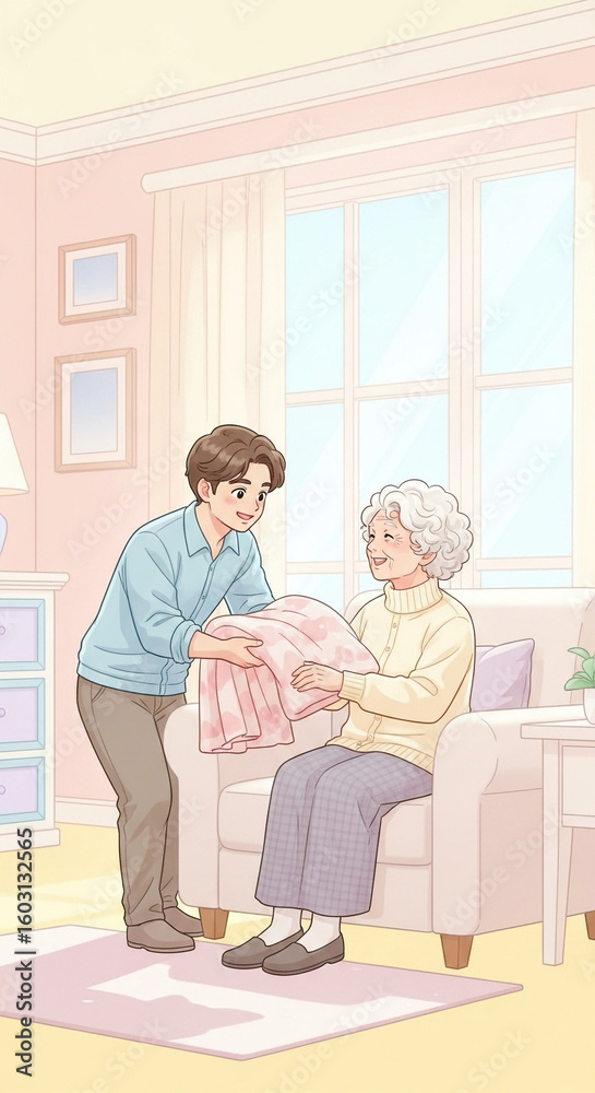 Fototapeta premium Smiling elderly person being cared for by youth, kindness theme, pastel tones