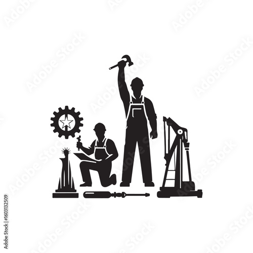 Labour Day Silhouette Vector Illustration, Solid White Background.