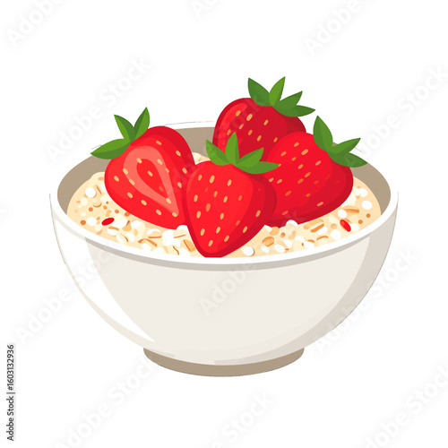 Fresh Strawberries On Oatmeal In White Bowl
