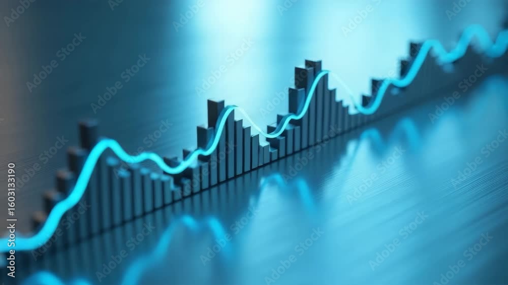 3d bar chart with blue line graph showing upward trend