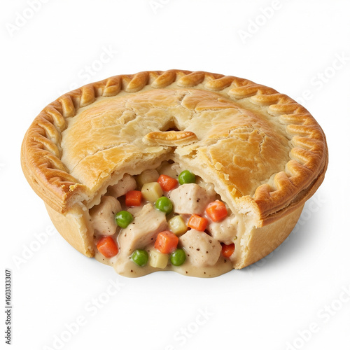 A chicken pot pie isolated on white