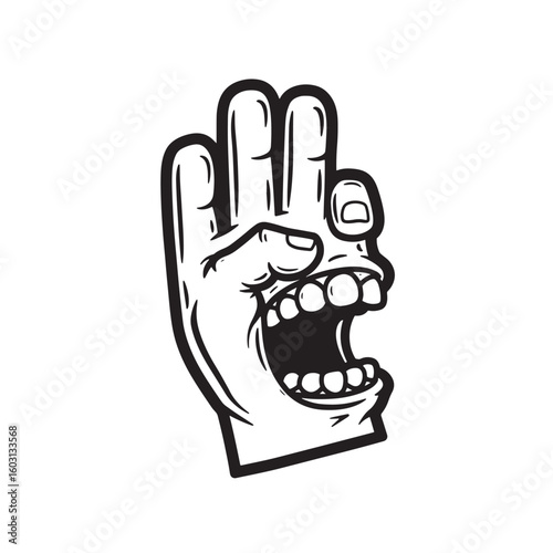 Shocked hand gesture with open mouth and teeth in vintage art style vector
