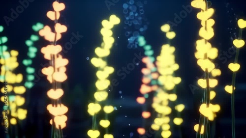Loopable Footage Illuminated heart-shaped lights on stems, night scene, bokeh background, romantic decor