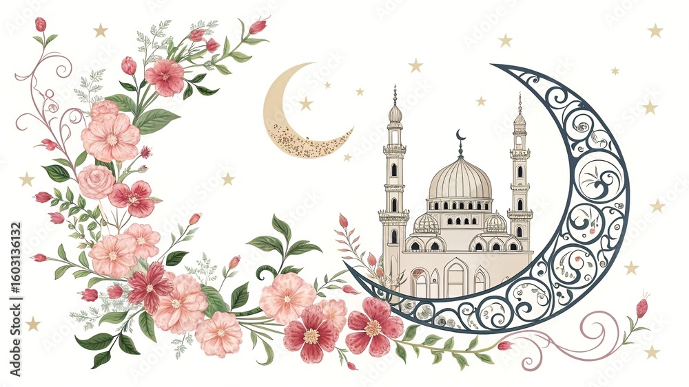 Fototapeta premium Beautiful islamic crescent moon with mosque and floral garland illustration