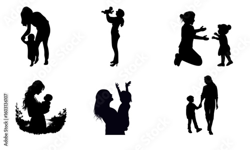 Vector silhouettes of people evolving through dance, sport, and music, including women, men, and children