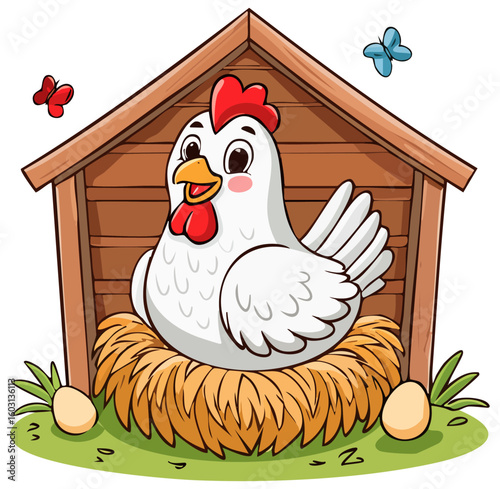 Cartoon white hen sitting on a nest in a chicken coop surrounded by butterflies 