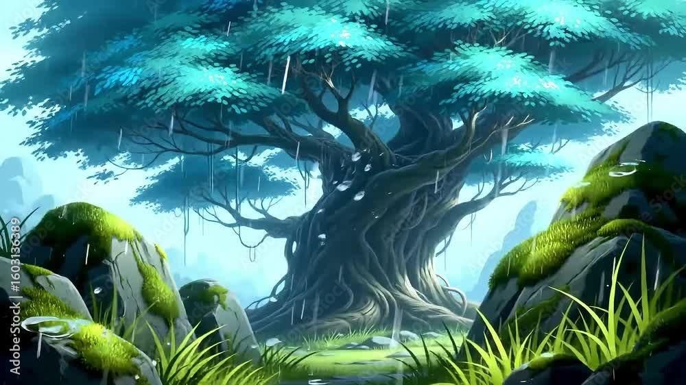 Loopable Footage Mystical rain forest giant tree; misty mountains background; game asset