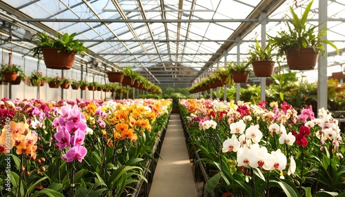Orchid flowers in greenhouse interior.