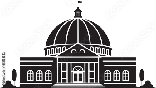 Black silhouette of a domed civic building with columns and arched windows center architecture