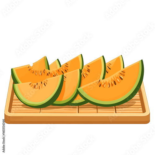 Cantaloupe Slices On Wooden Tray