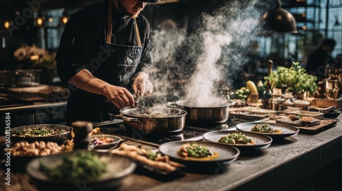 A chef preparing food in a professional kitchen, with steam rising from pots and various ingredients on the counter, dynamic and lively. 