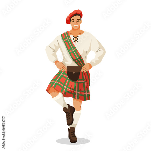 Cheerful man in tartan kilt and sash performing Highland dance, flat graphic style on white background. Concept of Scottish culture. Vector illustration