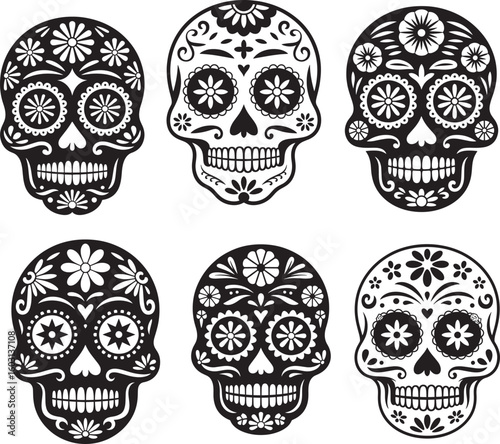 Black sugar skulls with floral decorations white
