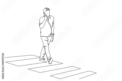 Man crossing street at pedestrian zebra crosswalk and talking on the phone. Continuous line drawing. Black and white vector illustration in line art style.