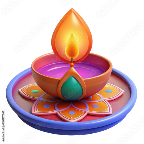 Diwali diya oil lamp with flame isolated on white background