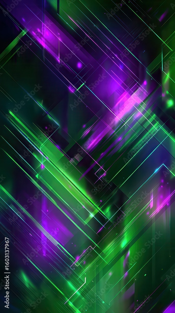 Obraz premium A neon green and purple abstract background with sharp futuristic patterns, glowing highlights, and high-tech energy. A modern and vibrant cyberpunk-inspired design.