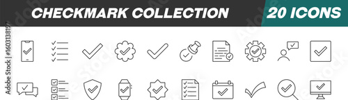 Collection of Signs of Checkmark. Suitable for books, stores, shops. Editable stroke in minimalistic outline style. Symbol for design