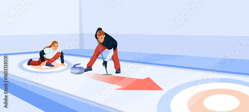 Two curling players in action on an indoor ice rink, flat graphic style, with clean background. Concept of teamwork and winter sports. Vector illustration