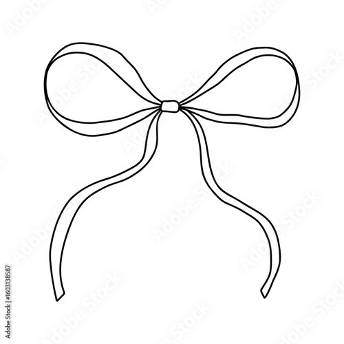 Whimsical hand-drawn bow illustration in coquette style. Cute and minimal ribbon outline for girly designs, romantic decor, scrapbooking, fashion, holiday cards, and packaging