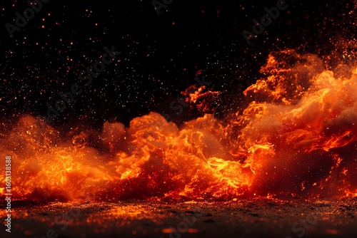 An intense burst of fiery energy and radiant explosions illuminates a dark void, evoking a sense of raw power and dramatic visual impact through dynamic forms.