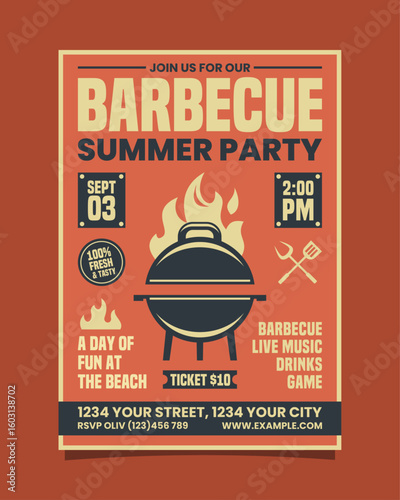 Orange and yellow Barbecue Summer Party Vertical Portrait flyer, BBQ invitation poster vector template design