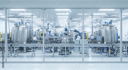 State-of-the-art pharmaceutical manufacturing facility with robotic automation in a sterile cleanroom environment. Concept of advanced biotechnology.