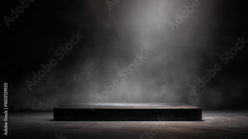 Podium black dark smoke background product platform abstract stage texture fog spotlight. Dark black floor podium dramatic empty night room table concrete wall scene place display.