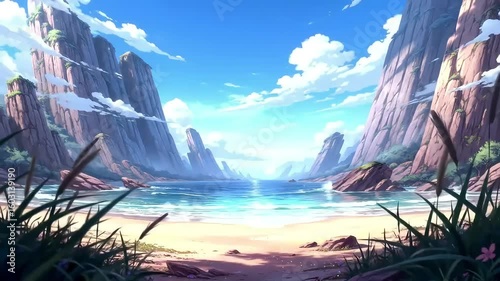 Loopable Footage Serene beach cove, cliffs, sunny sky; game background